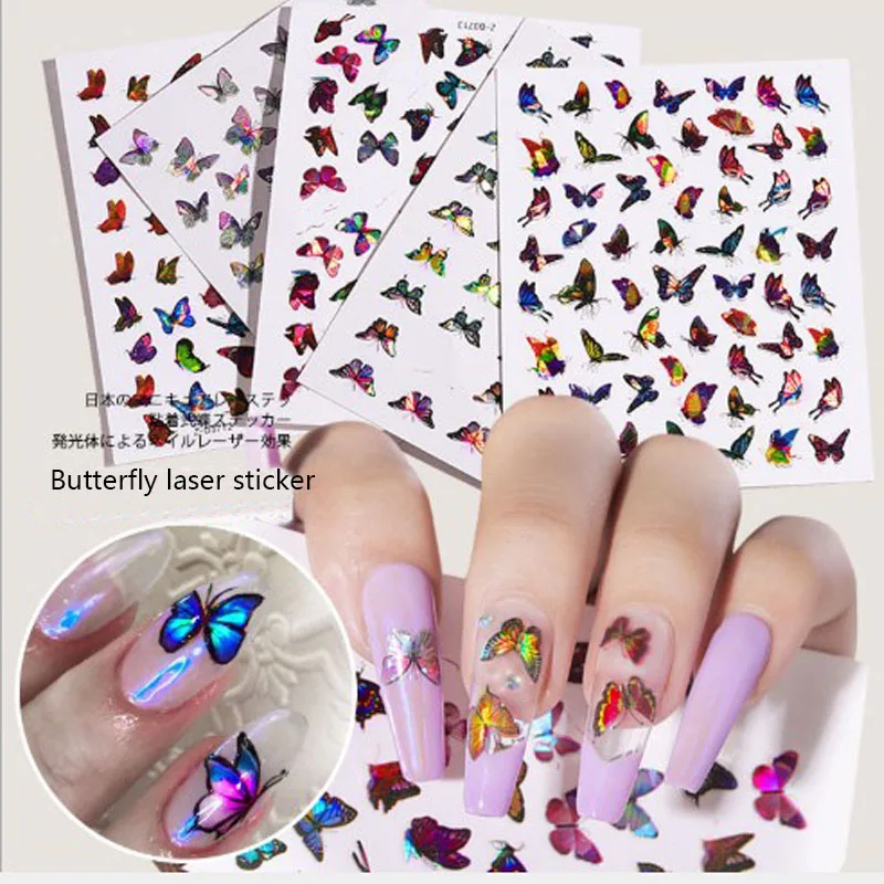 

3D back glue Butterfly laser Nail Art Stickers Adhesive Sliders Colorful Flowers Nail Foils Wraps Decorations