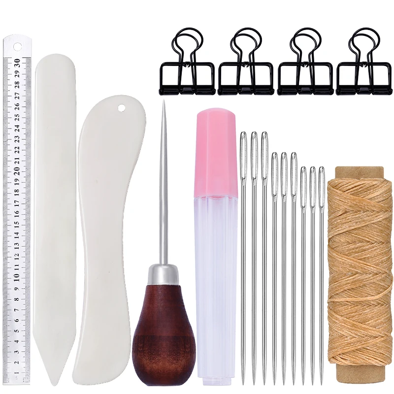 

KAOBUY 19Pcs Leather Craft Bookbinding Kit Paper Creaser Waxed Thread Awl Needle Binder Clips DIY Sewing Set