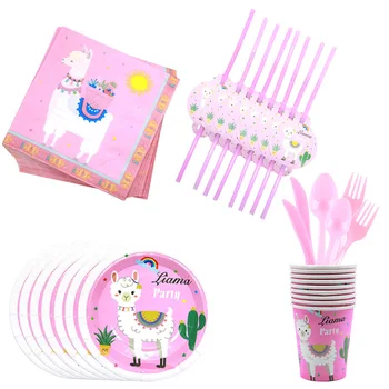 

80pcs/lot Pink Alpaca Theme Girls' Birthday Han Party Cup Plate Napkin Straw Tableware Set Decor for 10 Persons Supplies