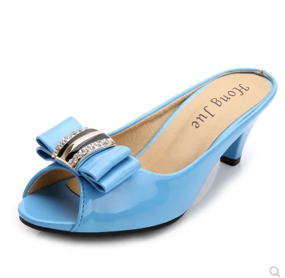 Женская размер(4–12 и выше) недорогая модная роскошная с бриллиантами простая летняя пляжная обувь на высоком каблуке с открытым носком женские туфли-лодочки сандалии - Цвет: blue bow
