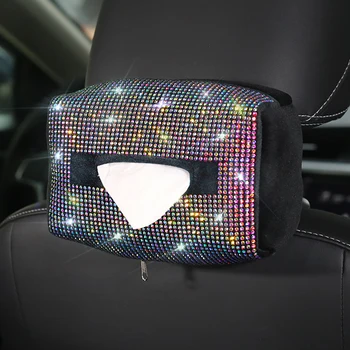 

Colorful Crystal Car Tissue Box Holder Seat Back Hanging Diamond Tissue Paper Case Rhinestone Tissue Box Bag