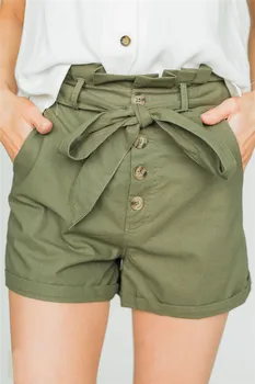 

Summer Women Casual Loose High Waist Shorts For Woman Bow Tie Belt Button Solid Fashion Sashes Short Pants Female Clothing