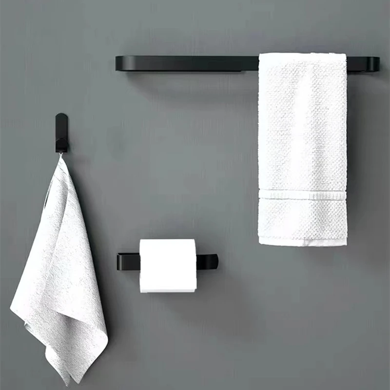 Toilet Paper Holder Towel Hook Bathroom Hardware Set Bathroom Hardware Accessories Bathroom Hardware Kit Black Aluminum Toilet Paper Holder Nail-Free Glue Kitchen Accessories Towel Rack Single Hook Tissue Rack