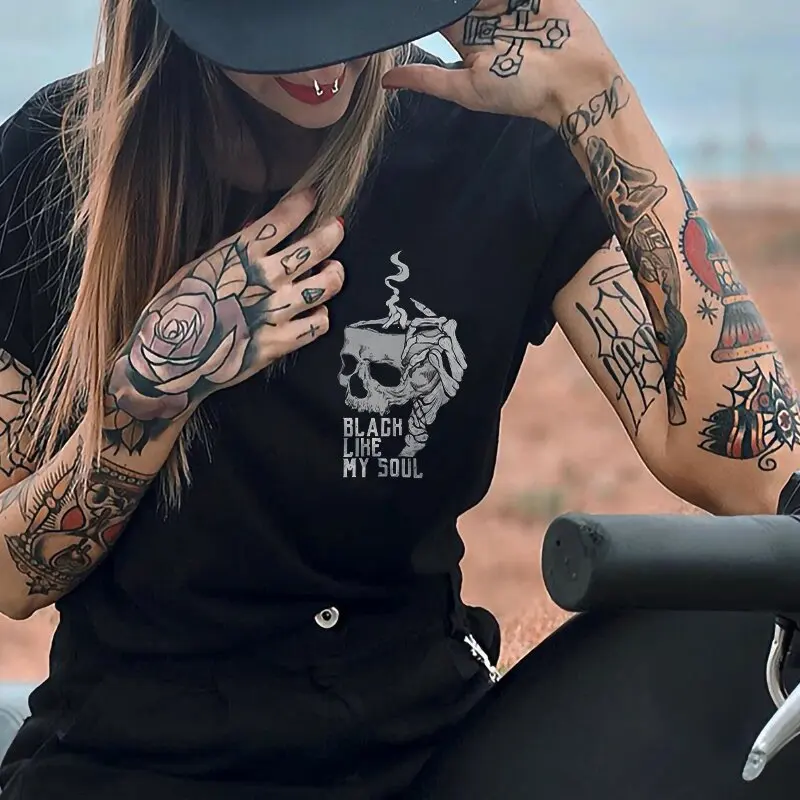 Цветная черная Готическая футболка с черепом Женская 100% хлопковая забавная
