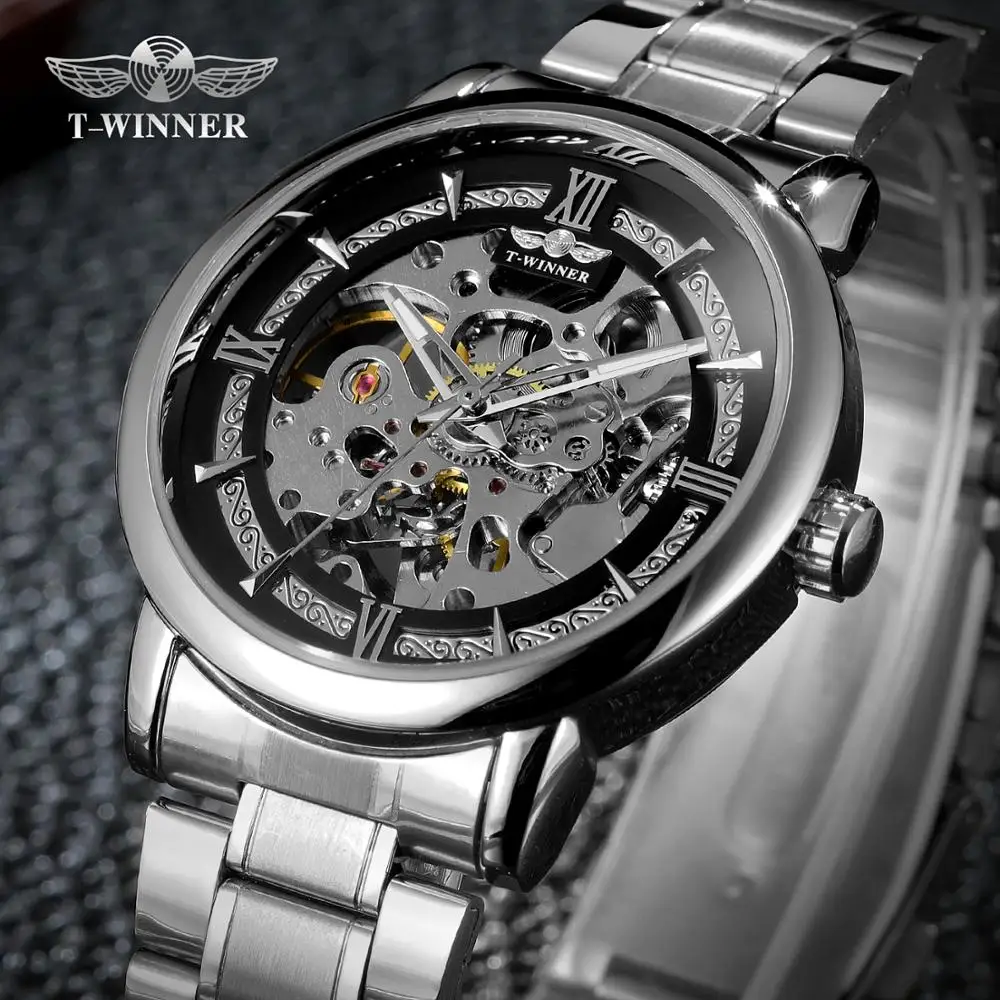 

Top Brand WINNER Fashion Men Watch Silver Mechanical Automatic Stainless Steel Band Male Skeleton Wristwatch Relogio Masculino