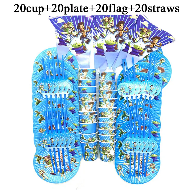 

80PCS Disney Toy Story Theme Disposable Tableware Sets Plate Cup Banner Birthday Plastic Straws Baby Shower Party Decor Supplies