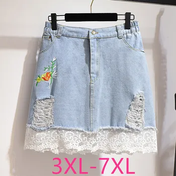 

3XL 4XL 5XL 6XL 7XL New 2020 summer plus size skirt for women large casual loose pocket blue hole embroidery lace denim skirts