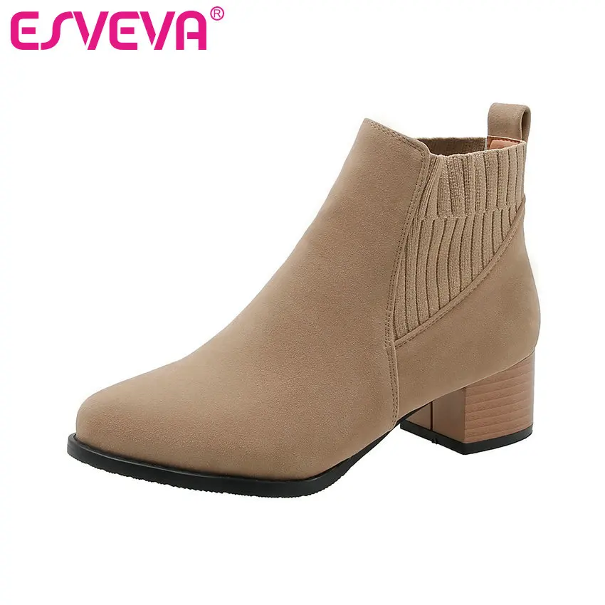 

ESVEVA 2020 Women Shoes Ankle Boots Round Toe Sexy Western Style Suede Zipper Med Heel Motorcycle Platform Boot Size 34-43