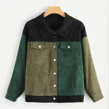 

Coat Women Autumn Winter Casual Fashion Corduroy Patchwork Long Sleeve Lapel Button Outwear Invierno Mujer Casacos Feminino