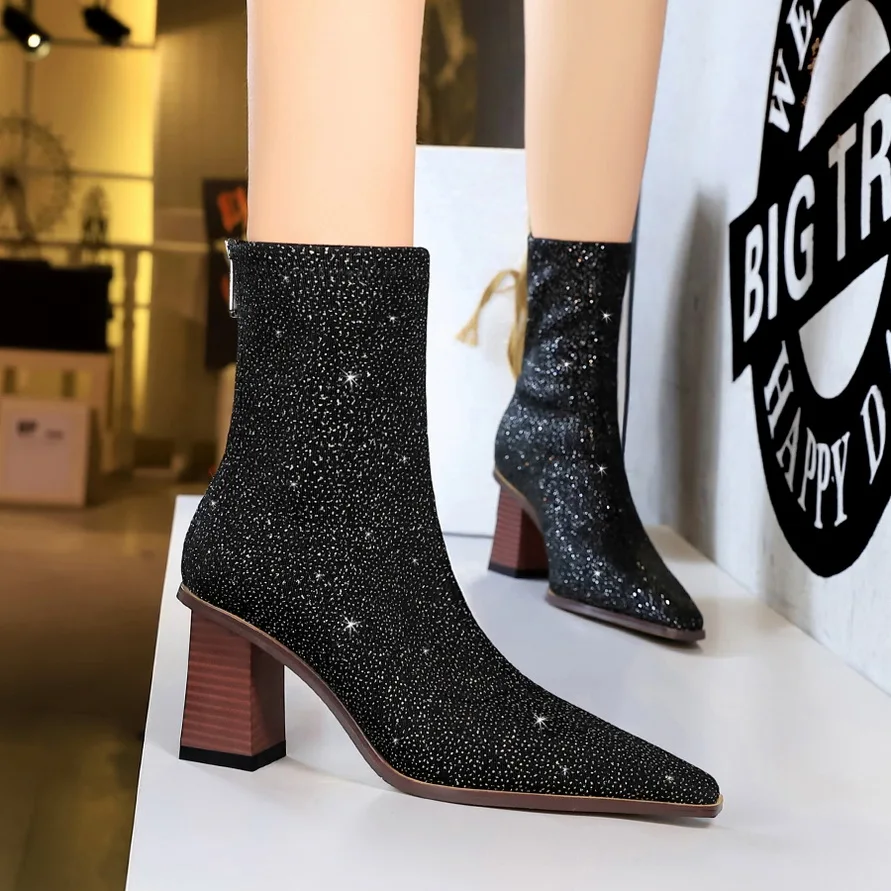 Details about   Womens Fashion Leather Rhinestone Strap Elastic Top Biker Ankle Boots Shoes BYW