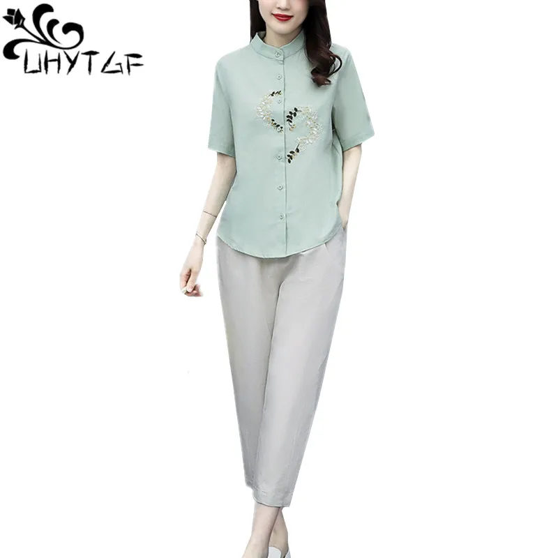 

UHYTGF Women Tracksuit Fashion Embroidery Cotton Linen Tops+Pants Summer Two-Piece Set Female Casual Thin 3XLPlus Size Suit 2131