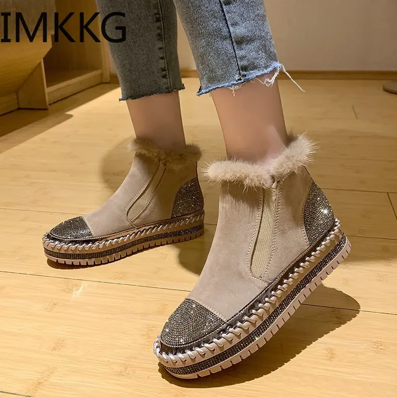 2020 botte femme 43 зимние флокированные ботильоны на платформе Женские плюшевые