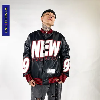 

UNCLEDONJM 20AW Letter embroidered leather PU jacket bf Harajuku street trend loose baseball biker jacket men NB2095