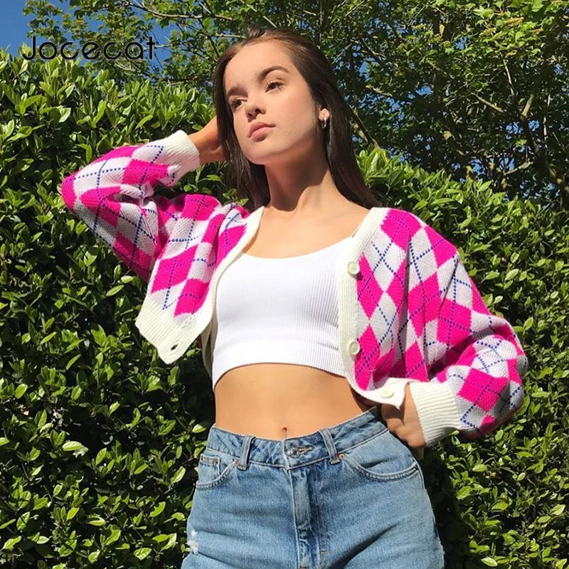 

Argyle Plaid Knitted Cropped Cardigan Sweater Women Preppy Style Sweet Clothes V Neck Long Sleeve Y2K Autumn Knitwear