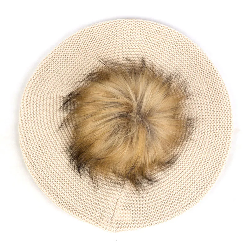 Geebro громоздкий модный вязаный берет для женщин Акриловые шапки искусственный мех Pom шапочка в стиле кэжуал шапки женские Твердые художника мешковатые берет - Цвет: Beige16