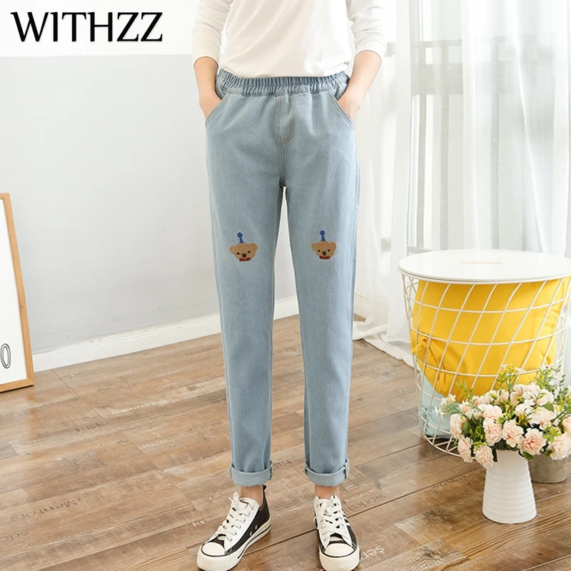 Женские осенние джинсовые брюки с вышивкой и поясом на резинке|Прямые джинсы| |