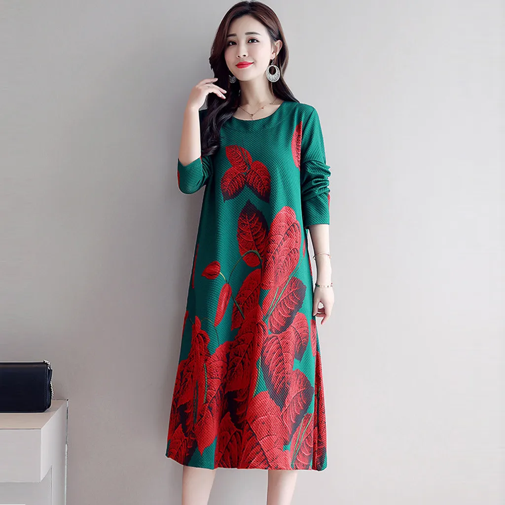 Women Dress Casual Long Sleeve O-Neck Printed Loose Dress Fashion Female Autumn Winter Party Dress Vestidos Plus Size M840