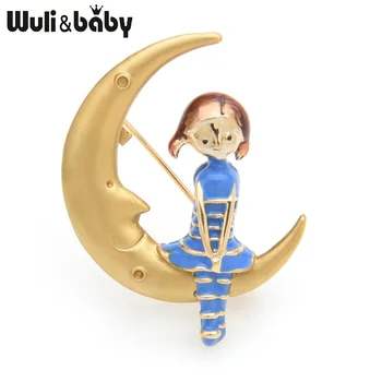 

Wuli&baby Blue Pink Girl Sitting On the Moon Brooches Women Alloy Enamel Casual Party Brooch Pins New Year Gifts