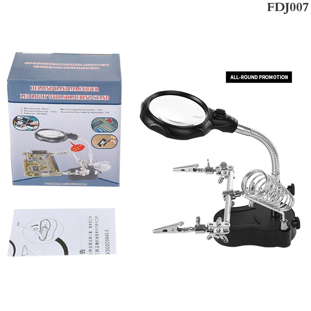 Soldering Iron Welding Magnifying Glass 2 LED 3X 4.5X 25X Helping Hand Rework Magnifier with 3 Tools Boxes Desk Station Repair