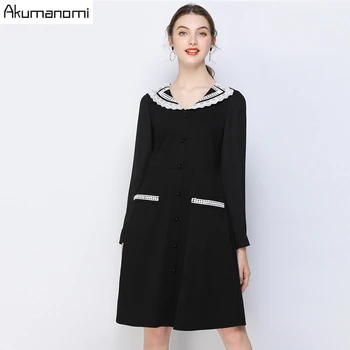 

2020 Spring Autumn Black Dress With White Lace Collar Big Size 5xl 4xl Xxxl Casual Long Sleeve Office Ladies Dresses For Work