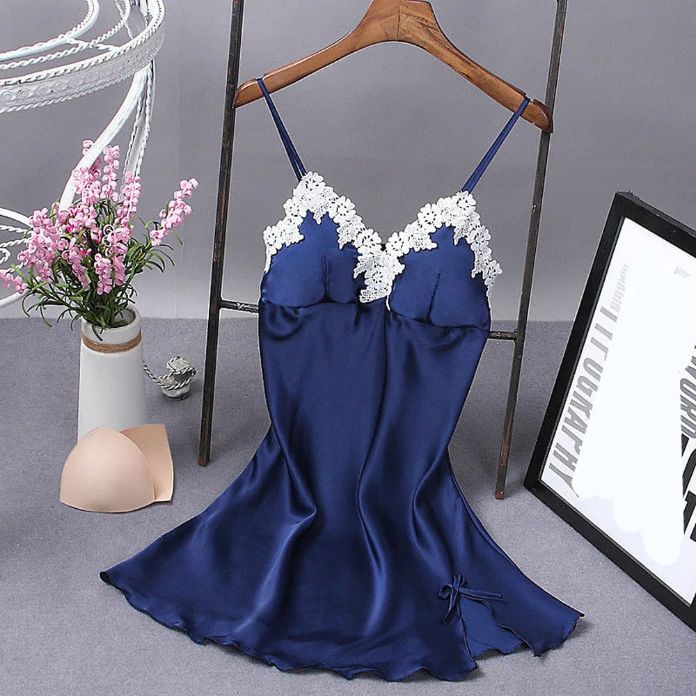 

NEW Woman Backless Sleeveless Nightgowns Nightwear Satin Lace With Chest Pad Night Dress Sexy Lingerie Sleepwear Homewear@50