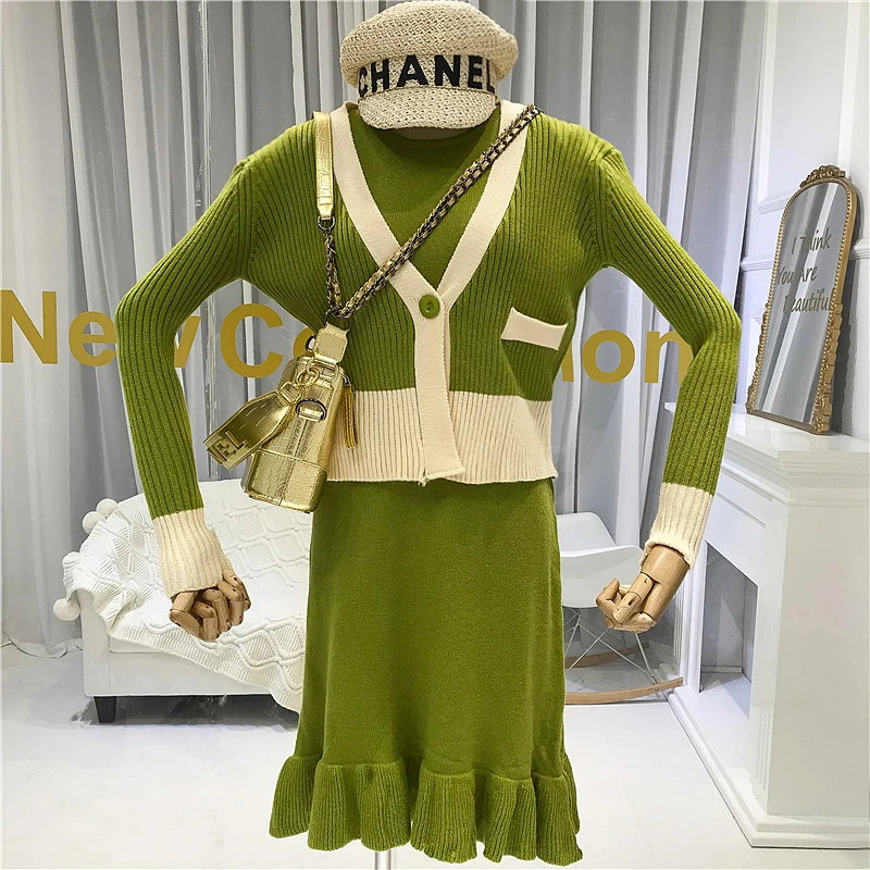 

Vintage 2 Piece Sets Womens Outfits Crop Top Single Button+Tank Dress with Ruffles Elastic Waist Knee-Length Women Sweat Suit