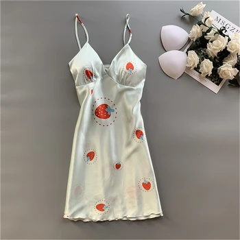 

Printed strap nightdress ladies sexy Nightgown Korean version with chest pads gathered home service cute Tempting nightdress