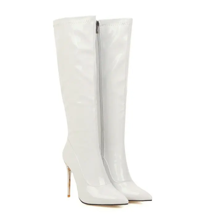 Black Red White Patent Leather Sexy Knee High Boots Super Heel Women's Tall Boots Pointy Toe Winter Dress Boots Side Zipper