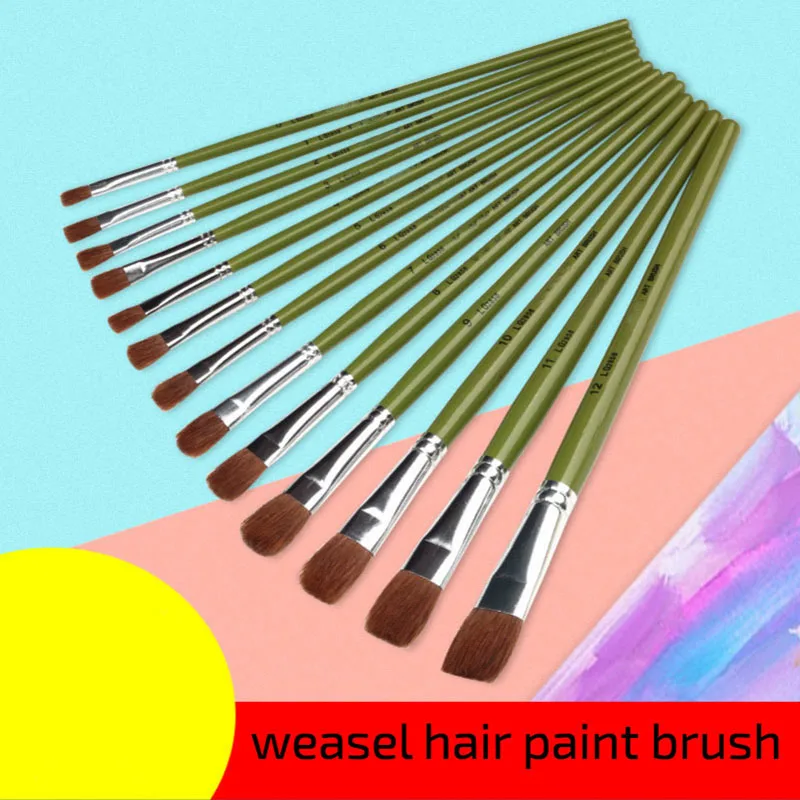 

6 pcs set Weasel Green short wood rod Flat Head paint Brush Gouache Acrylic Brush row pen school educational supplies art