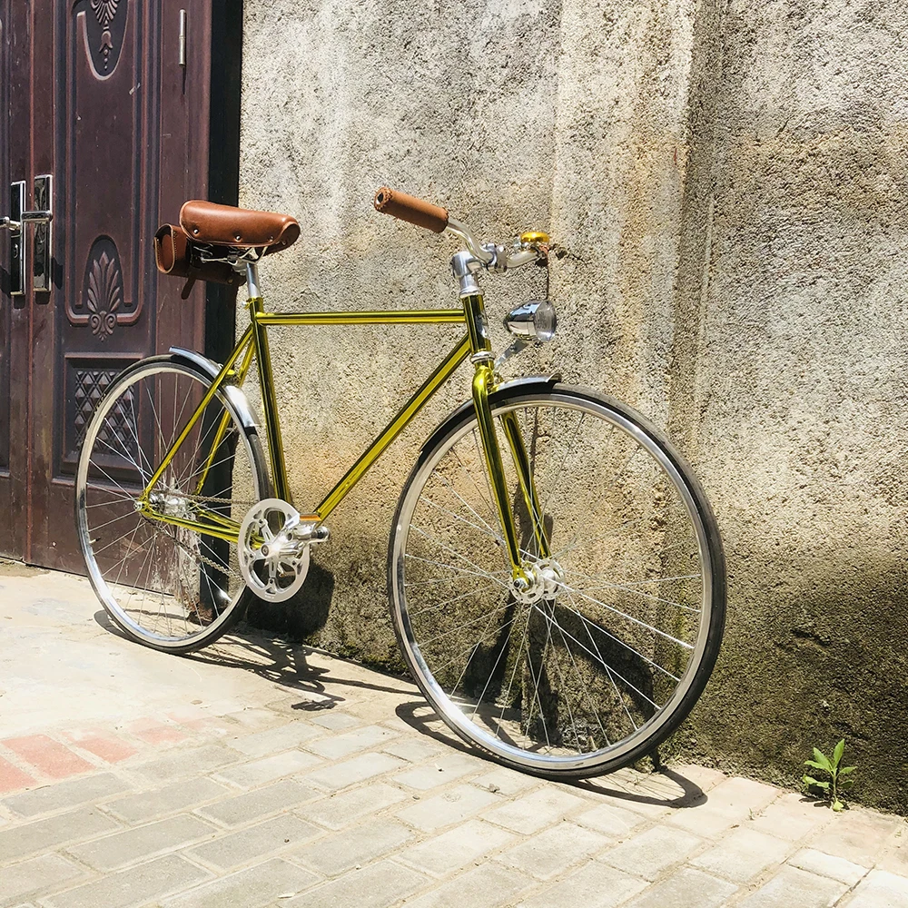 commuter Bike 700C Vintage bike Steel Frame fixie bike 52cm Road Bike gold Steel Frame single speed Bicycle