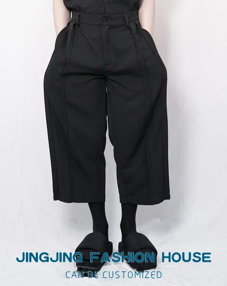 S-6XL!! 2021 men's casual trousers wide leg trousers culottes pleated trousers black culottes