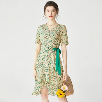 

100% Silk Women's Dresses V Neck Short Sleeves Side Lace Up Fashion Casual Summer Holiday Dresses