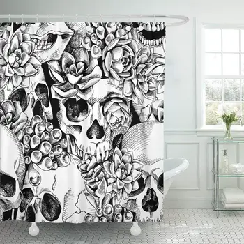 

Pattern of Skull and Succulent Plant Floral Black Engraving Shower Curtain Waterproof 72 x 78 Inches Set with Hooks
