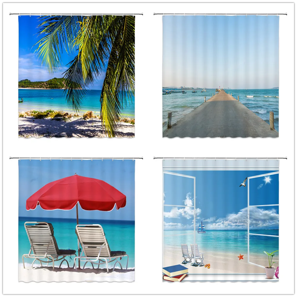 

Landscape Shower Curtains Summer Hawaii Beach Island Surf Coconut Tree Leisure Bathroom Decor Waterproof Cloth Curtain Set