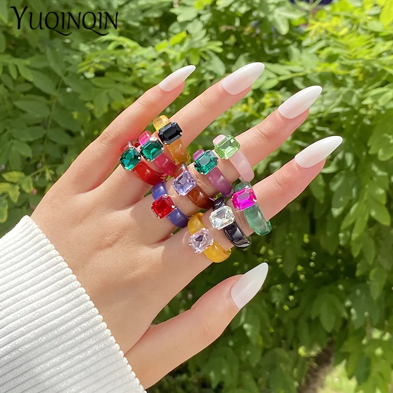 Finger Ring Fashion Acrylic Colorful Rectangle Rhinestone Rings Women Big Transparent Finger Ring Girls Vintage Female Jewelry