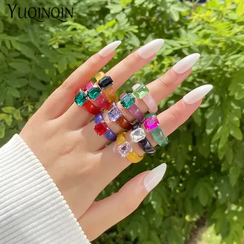 Fashion Acrylic Colorful Rectangle Rhinestone Rings for Women Big Transparent Finger Ring Girls Vintage Female Beautiful Jewelry