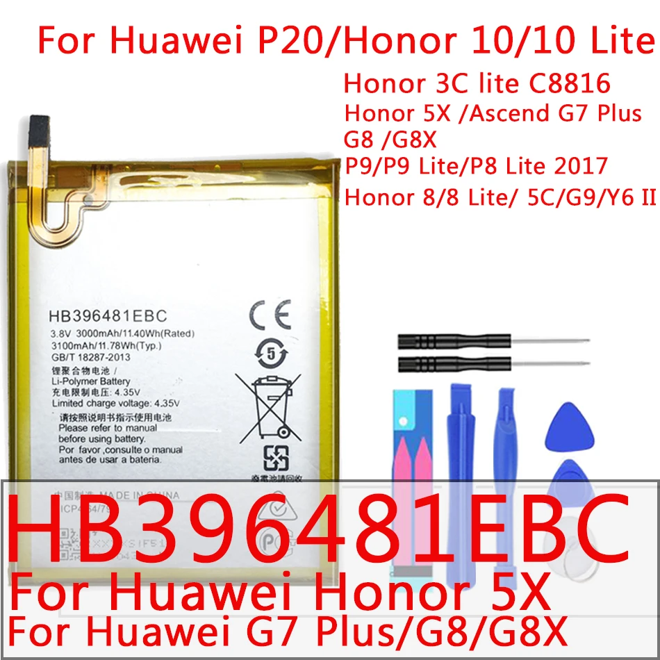 Аккумулятор HB396481EBC для телефона Huawei ASCEND G7 PLUS HONOR 5X 5A G8 G8X 5C 7C 8 9 10 Lite Pour Smart 2019 Y5