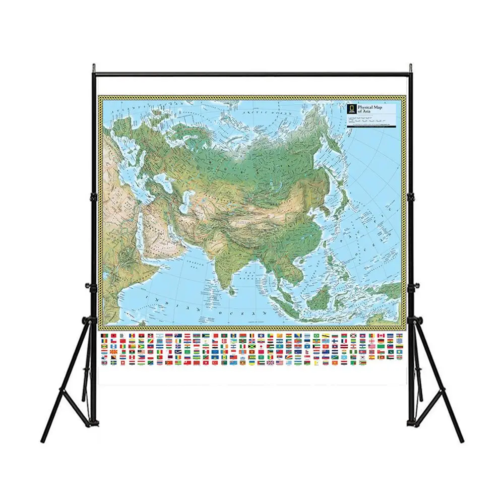 

The Physical Map of Asia 150x150cm Non-woven Asia Map with National Flag For Culture And Education