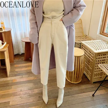 

OCEANLOVE White Denim Women Pants High Waist Vintage Korean Style Ropa Mujer Autumn Ankle-length Pantalon Femme Fashion 17467