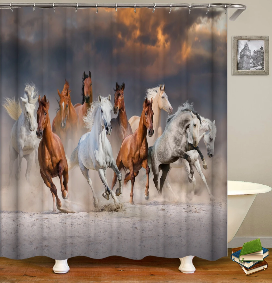 

Run Horse Shower Curtain With Hooks Fabric Cat Owl Wolf Tiger Lion Wild Animal 3d Curtains Home Decoration Bathroom With Hooks