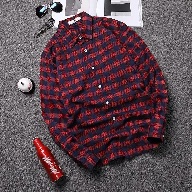 shirt man Весенне-осенняя длинная рубашка с карманом мужская одежда Slim Fit Мужская клетчатая рубашка с длинным рукавом Повседневная Уличная мужская рубашка - Цвет: shirt man