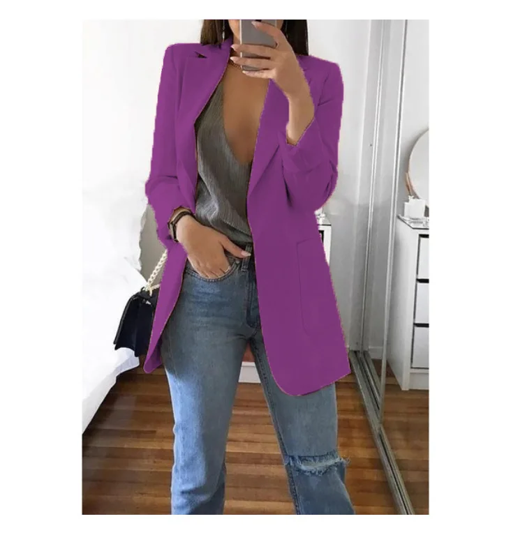 Модное пальто с отложным воротником, женское осеннее повседневное одноцветное пальто с длинным рукавом и карманом, офисный деловой костюм, кардиган, Женский Тонкий Блейзер, пальто - Color: Purple