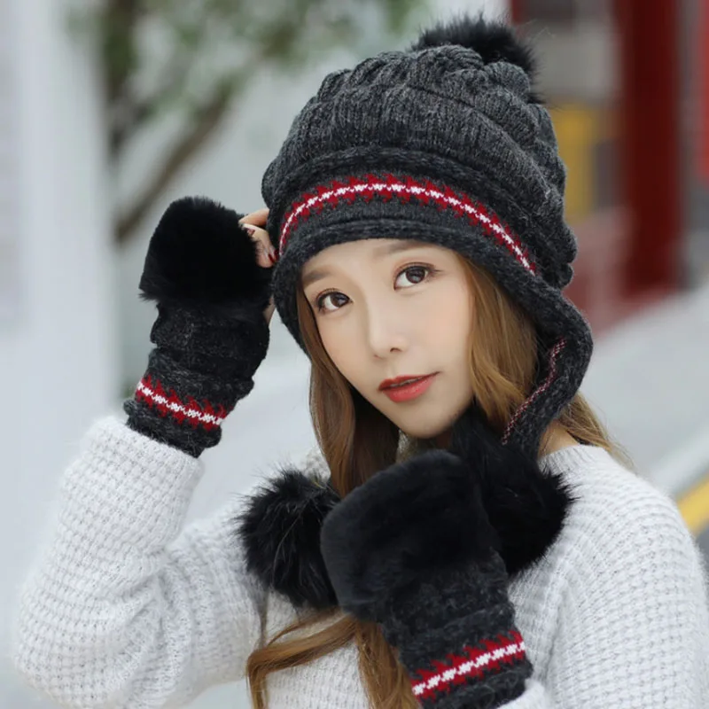Calymel женская шапка и наборы перчаток с сенсорным экраном шерстяные зимние теплые перчатки плюс бархатные перчатки вязаные шапки шерстяные шапочки - Цвет: Black TZG02