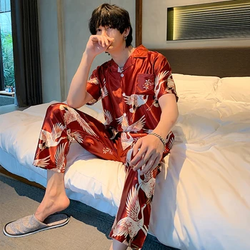 

Men's Pajamas Set Summer Leisure Elastic Waist Men Sleepwear Silk Men's Short Sleeve Nightwear Print Top + Long Pant Homewear