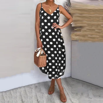 

Plus Size 2020 Celmia Women Midi Sundress Sexy Spaghetti Straps Summer Beach Dress Point Dot Casual Button Asymmetrical Vestidos