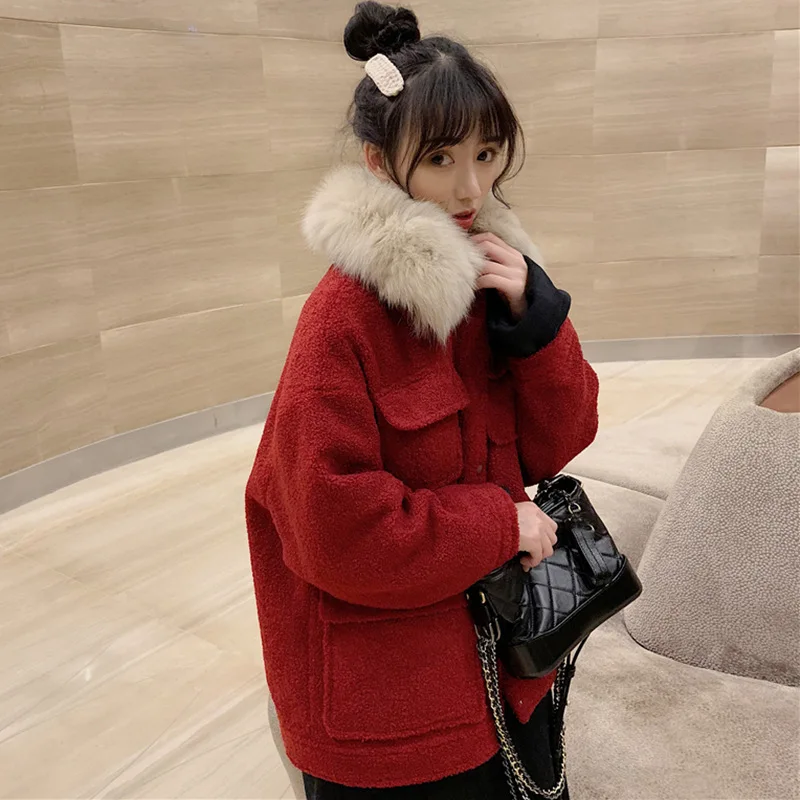 

Berber Fleece Cotton-padded Jacket Winter Women's 2019 New Style College Style Fur Collar INS Coat Loose-Fit Long Sleeve Red Cot