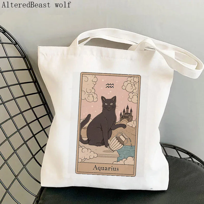 Women Shopper bag Ace of Cups cat Tarot Kawaii Bag Harajuku Shopping Canvas Shopper Bag girl handbag Tote Shoulder Lady Bag