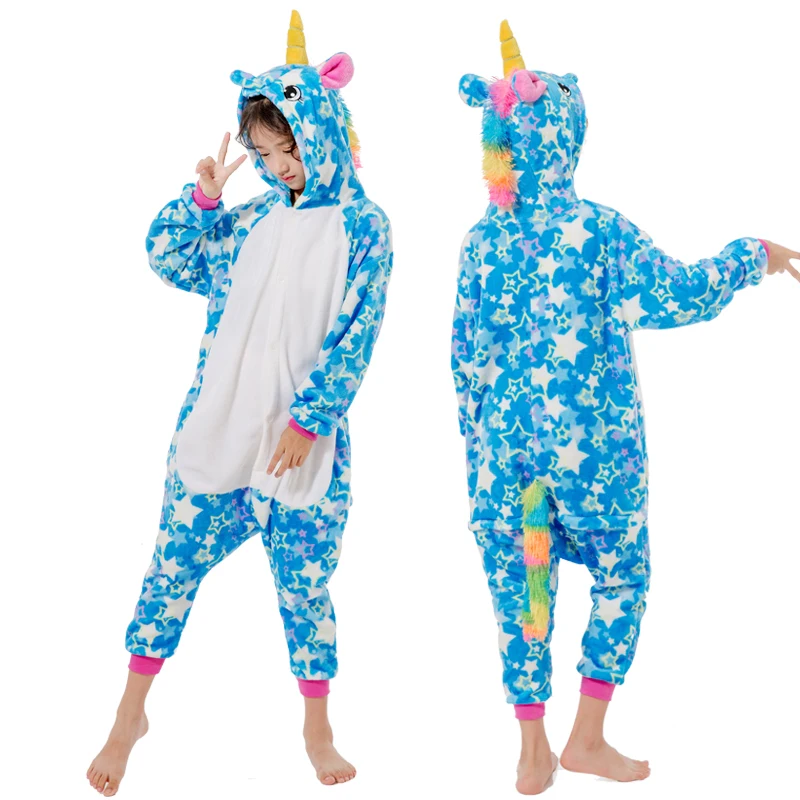 Blue stars-white Kigurumi/Пижама с единорогом; комбинезон с животными для детей; одежда для сна для мальчиков и девочек; детская пижама с рисунком единорога; зимний комбинезон - Цвет: Blue stars-white