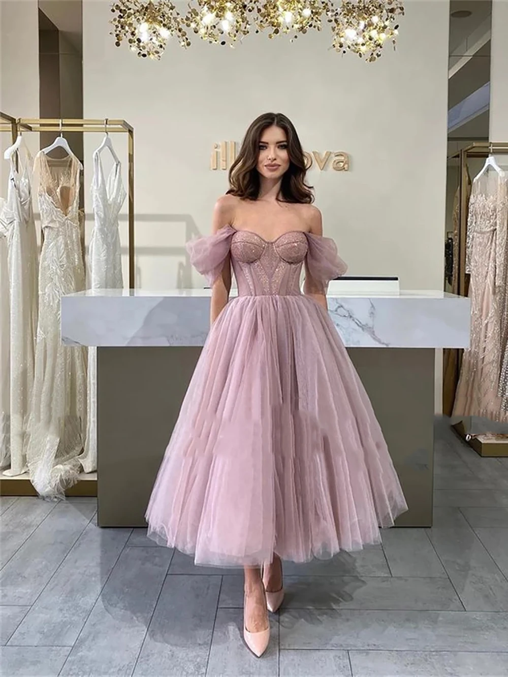 Customized Simple Tulle Short Prom Dresses Off The Shoulder