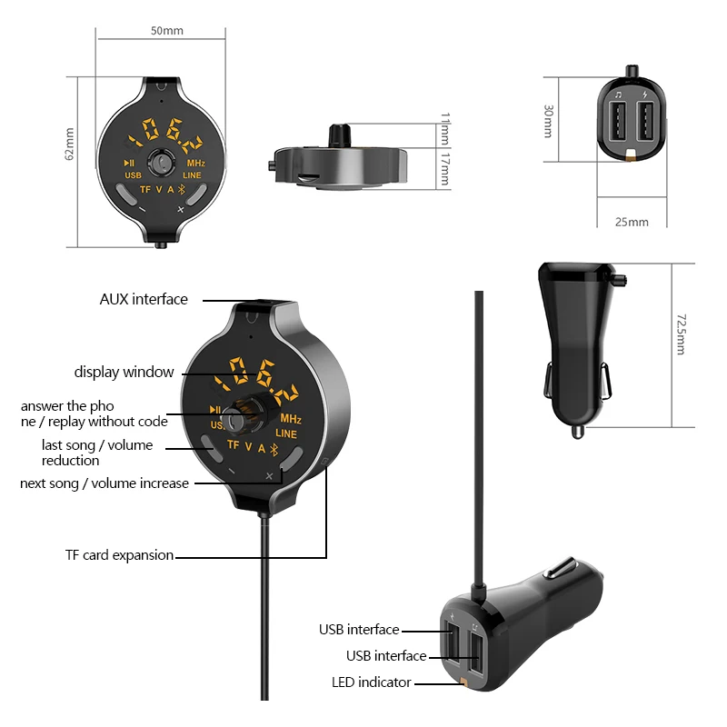 Автомобильный Bluetooth MP3 плеер, беспроводной fm-передатчик, громкая связь, батарея, напряжение, дисплей, поддержка, двойной AUX кабель, USB, громкая связь